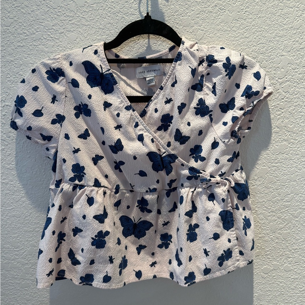 Kids Butterfly Print Wrap Top - White and Blue